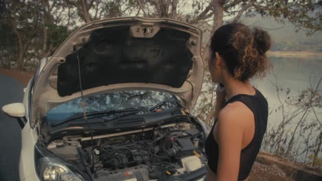 mujer pidiendo ayuda en el camino