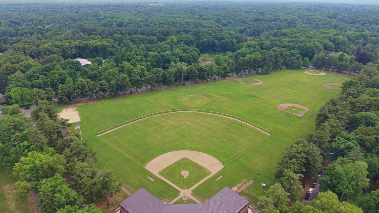 Vista aerea a volo d'uccello dei sobborghi di Springfield su un campo da baseball circondato dalla natura, Massachusetts, USA.