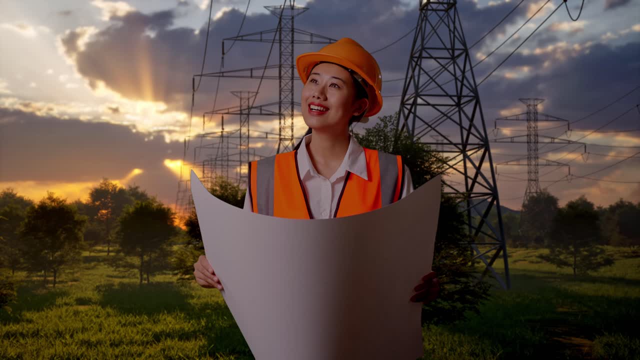 Engenheira sorrindo com planta na construção de linha de energia