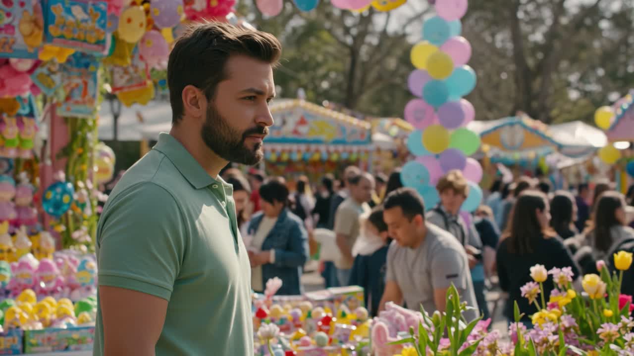 A Captivating Scene at a Colorful Fair: A Thoughtful Man in a Green Shirt Stands Amidst Vibrant Stalls and Joyful Crowds, Surrounded by Blossoming Flowers and Festive Decorations