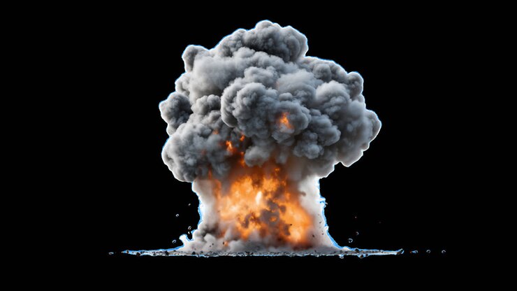 Dramatic fiery explosion with smoke animated overlay, transparent 4K video, alpha channel, ProRes
