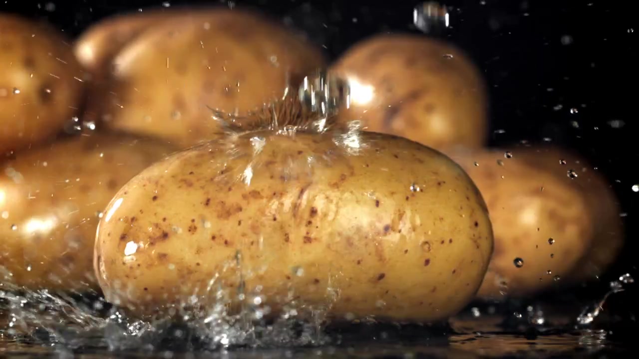 Patate fresche lavate con goccioline d'acqua al rallentatore.
