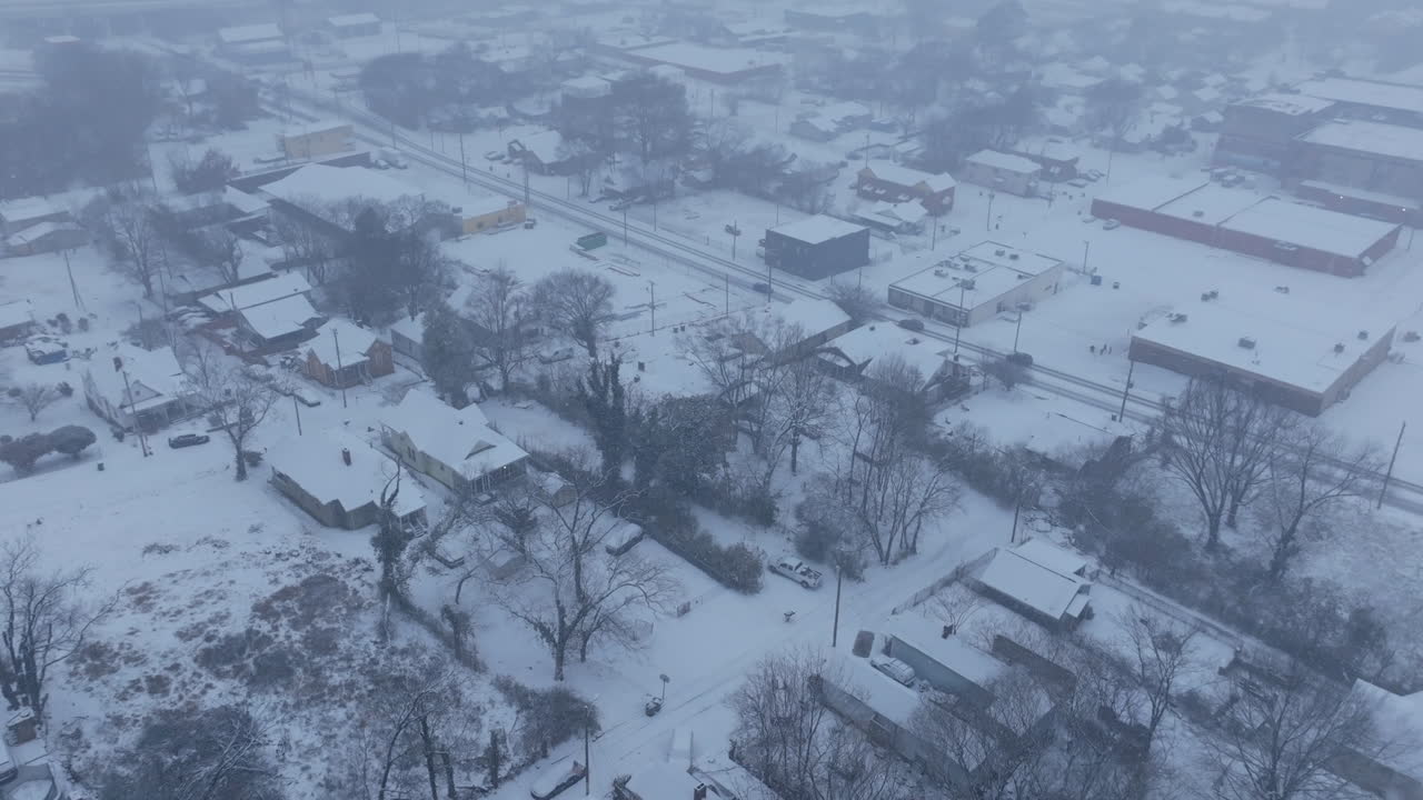 Aerial footage flying over snow covered houses in Chattanooga, TN during a snowstorm.