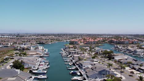 The-Harbor-at-Oxnard-Shores-in-Ventura,-California---Beautiful-Drone-Footage-of-a-Sunny-Day-and-Pacific-Ocean