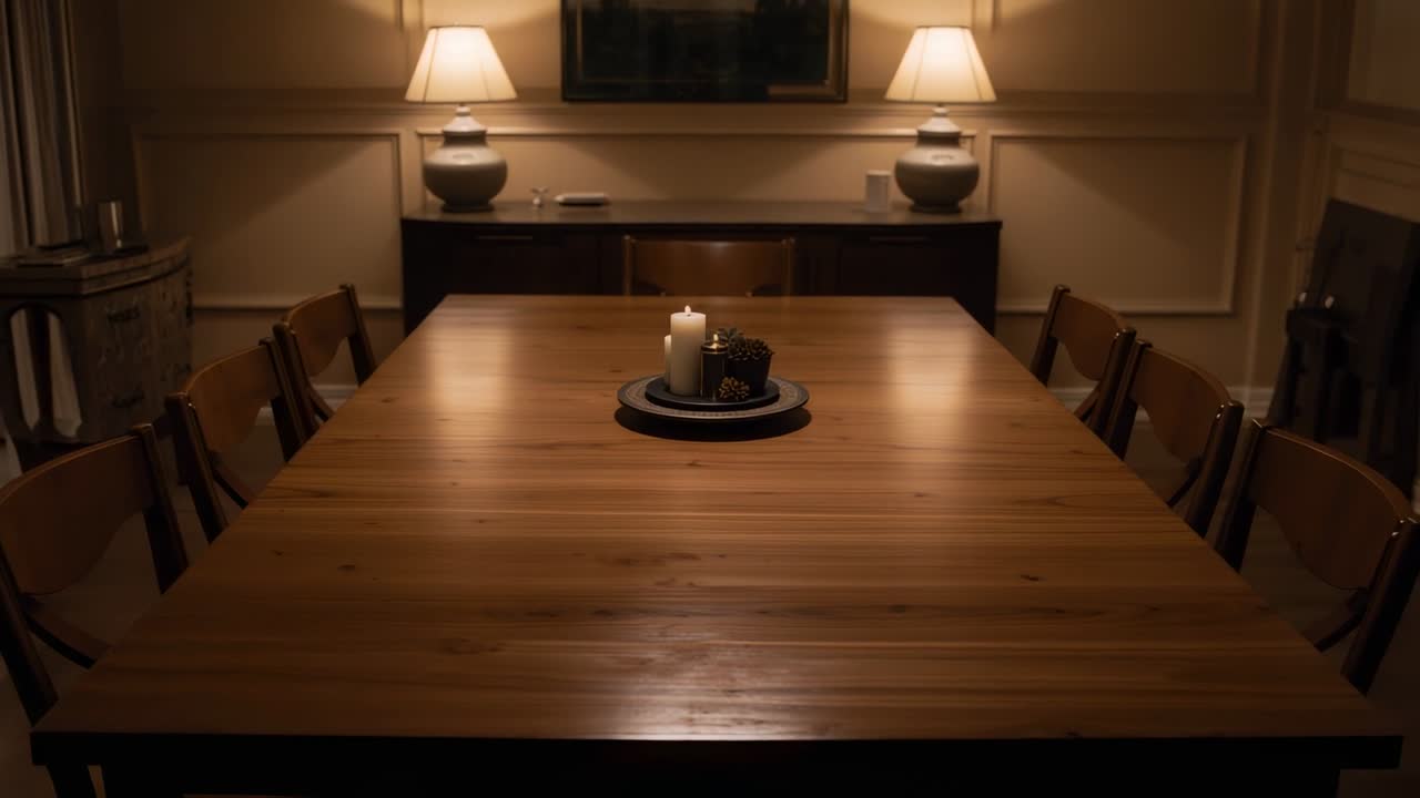 Pulling camera back after low-angle framing and revealing dining table in home with tray and candle