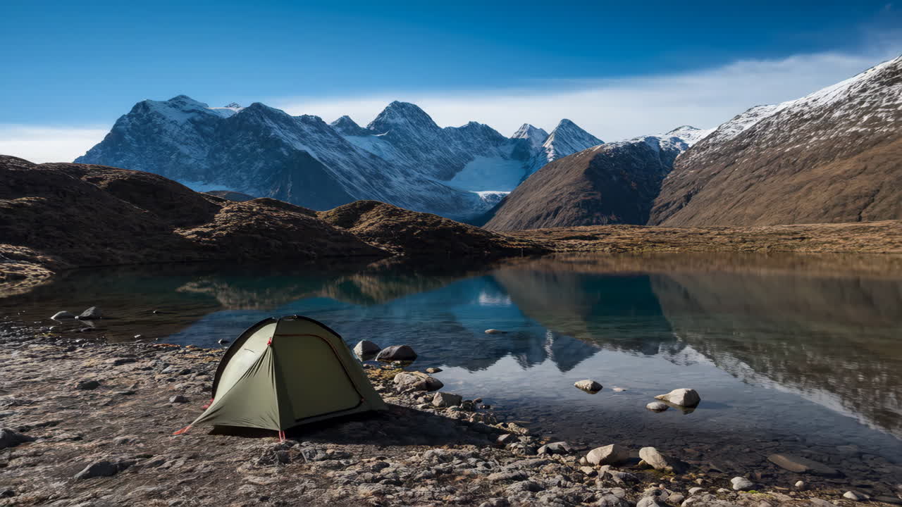 A lone tent pitched by a serene lake with reflections of snow-capped mountains and glaciers under a clear blue sky