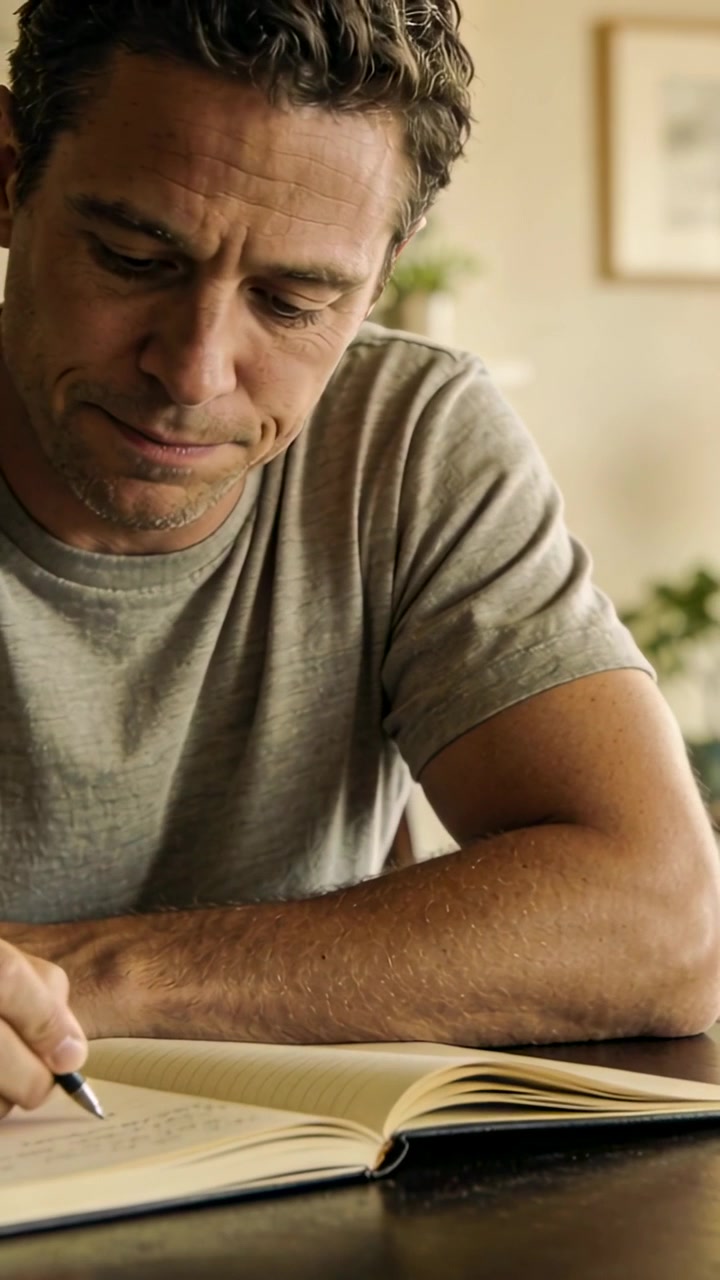 Vídeo vertical: Homem escrevendo com camiseta cinza, colocando a caneta na página, fazendo anotações em uma mesa em casa, com um caderno.