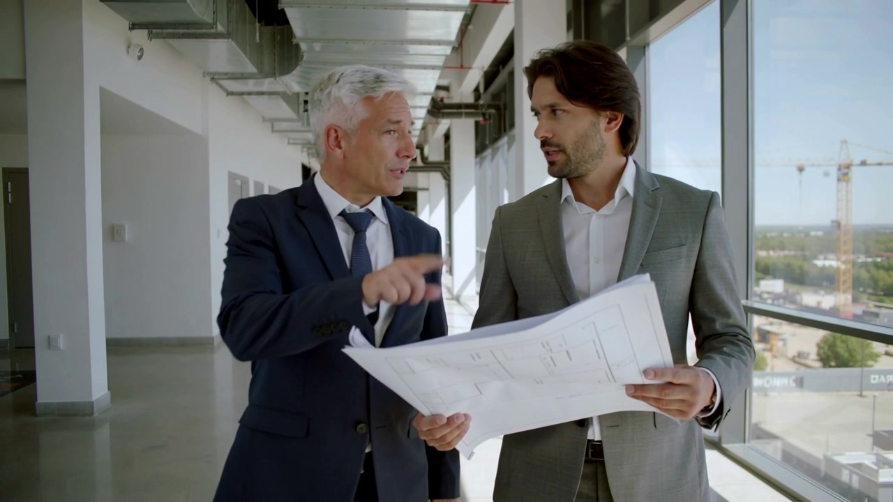 Pointing senior manager dark suit guiding architect gray suit on site checking plans viewing crane
