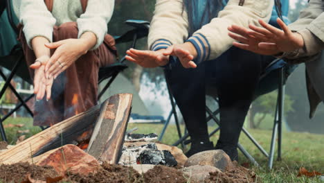 wood, fire and warm hands on camping