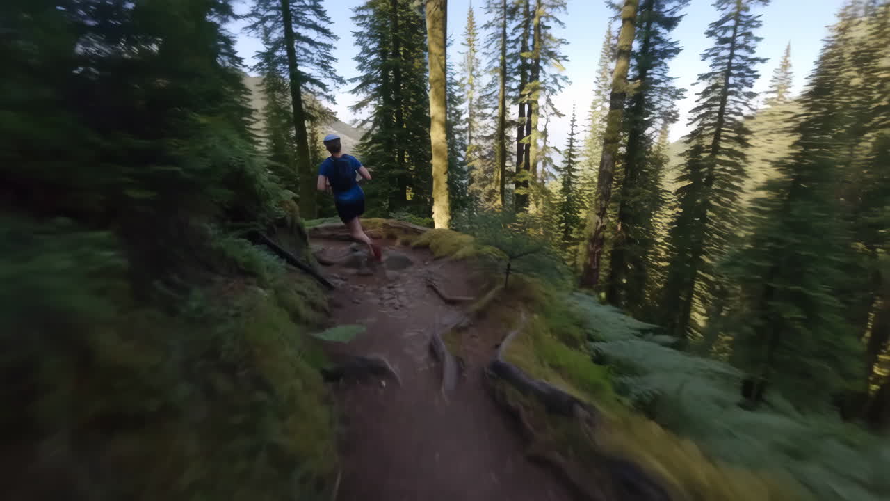 Person Trail Running in a Lush Forest with Mountain Views