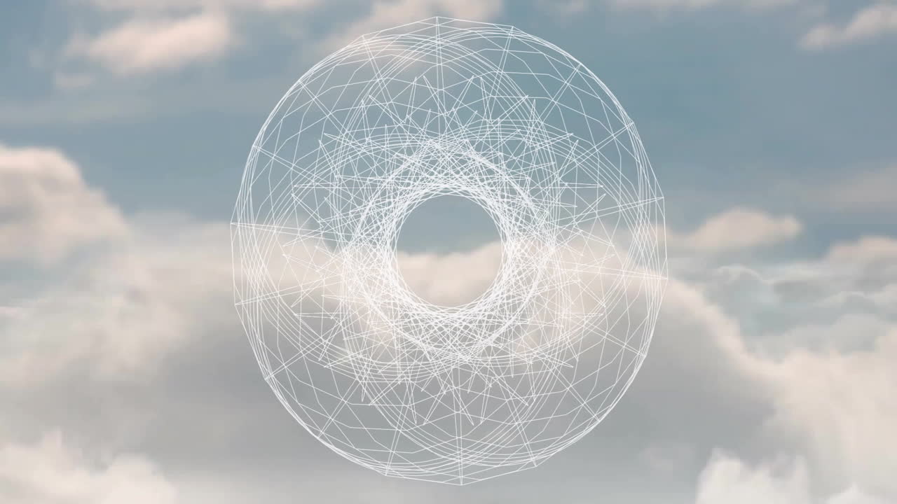 Animating geometric wireframe circle over cloudy sky background