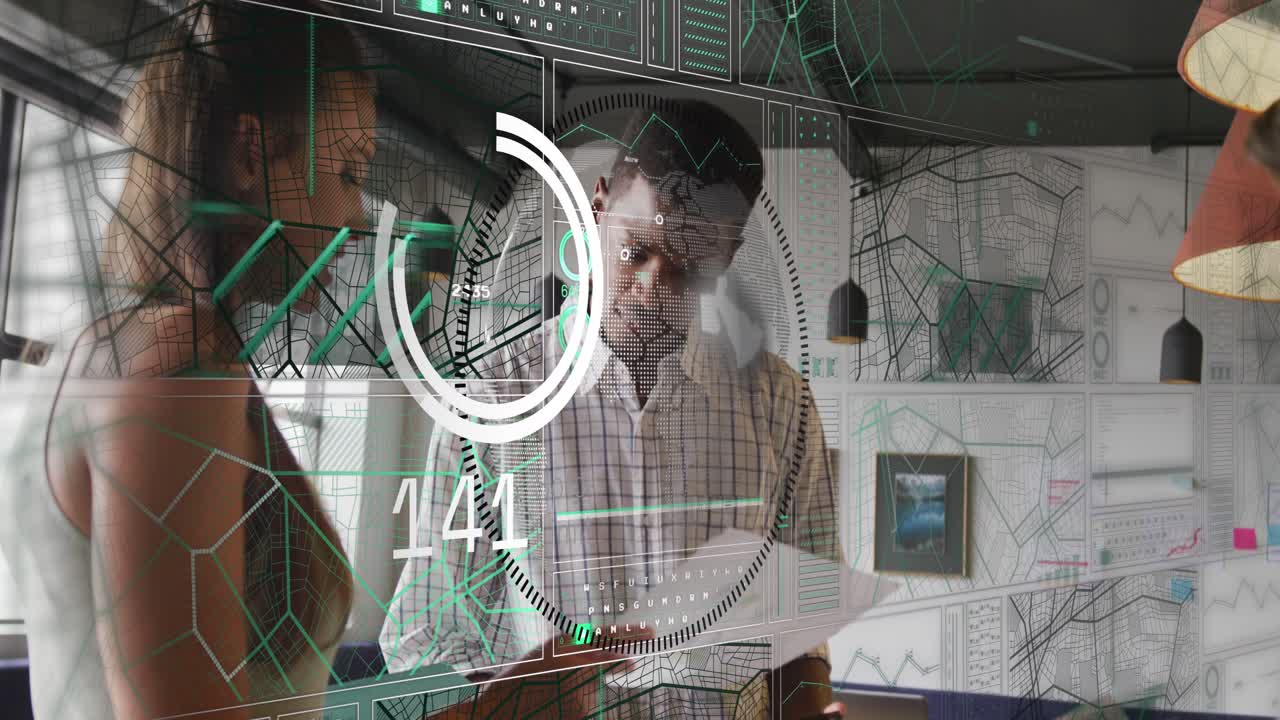 Animation of data processing over business people in office