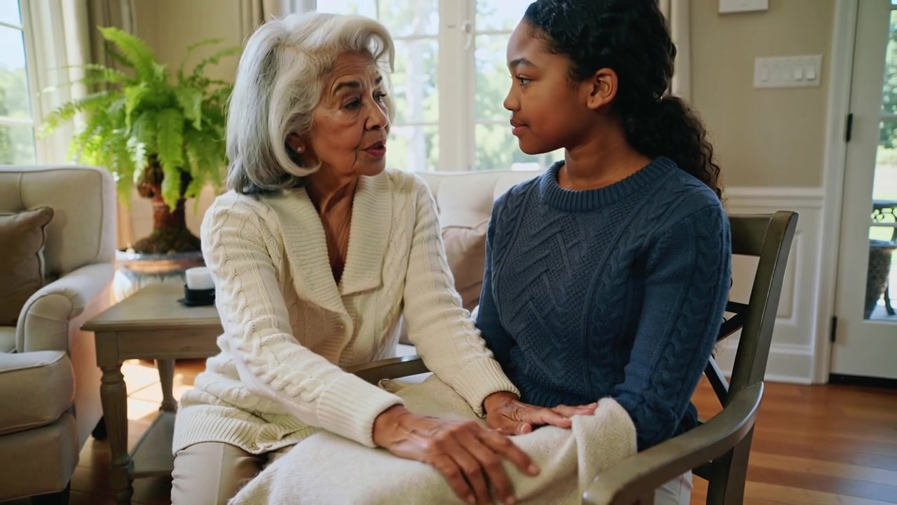Smoothing blanket, senior woman in cream knit placing hands over granddaughter at home, comforting