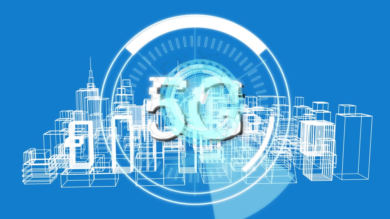 Animation of scope scanning and clock over digital model of cityscape