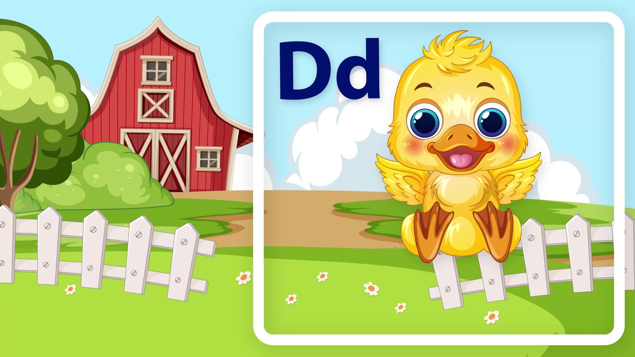 Gráfico educativo animado que enseña la letra D con un lindo patito sobre un fondo de granja