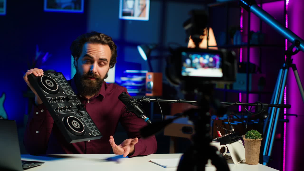 influencer mostrando el dispositivo de mezcla de sonido a los espectadores