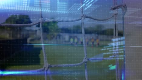 Blue-spots-of-light-and-data-processing-against-close-up-of-goal-post-net-on-sports-field