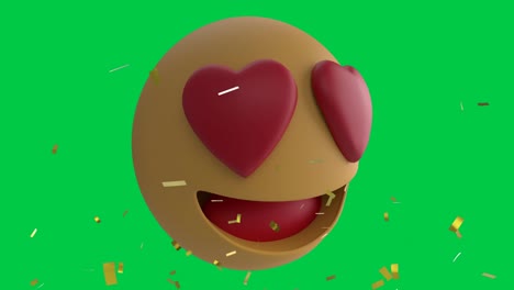 Animation-of-red-heart-love-emoji-icon-on-green-screen-background-with-confetti