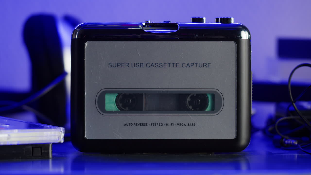 Close-up of a vintage cassette player with USB capability for digitizing audio tapes into digital format.