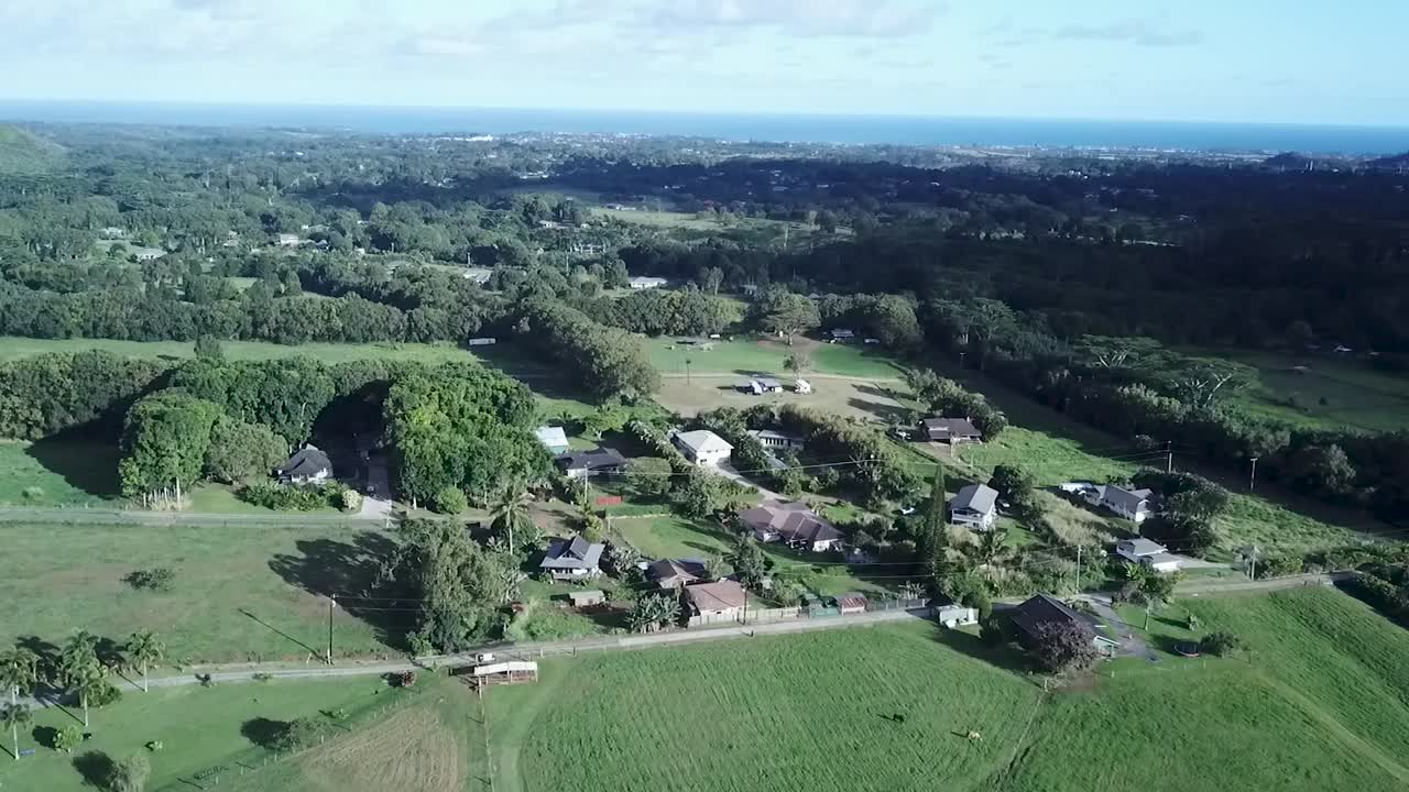 vista panorámica de una pacífica aldea en los campos de kilauea, hawai - avión no tripulado