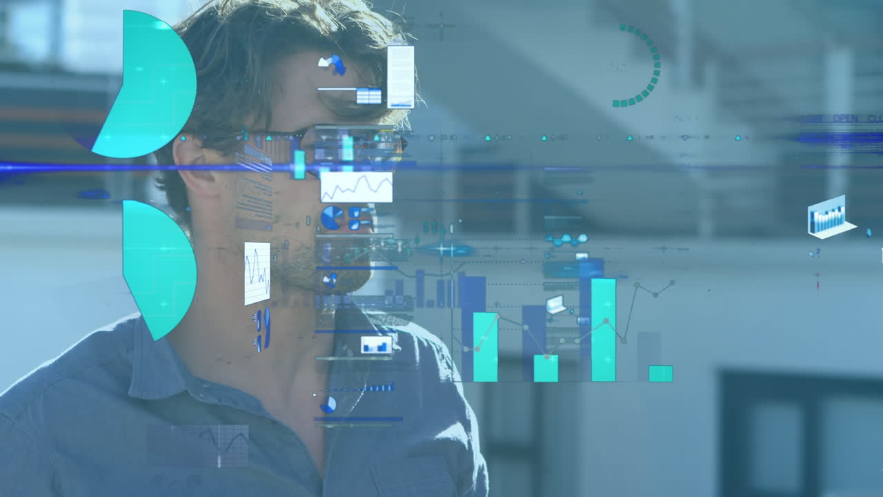 animación del procesamiento de datos sobre un hombre caucásico bebiendo café