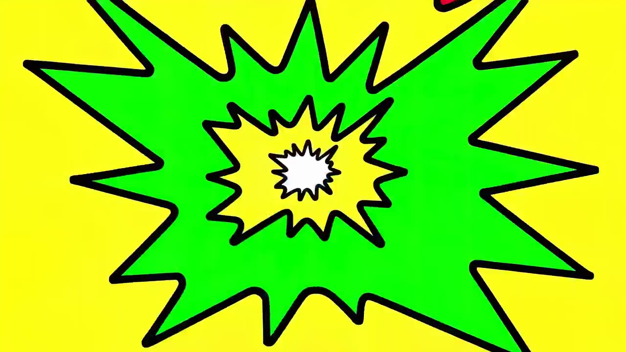 Esplosione colorata in stile Pop Art giallo e verde con contorni neri marcati e una stella blu brillante al centro, scoppio animato