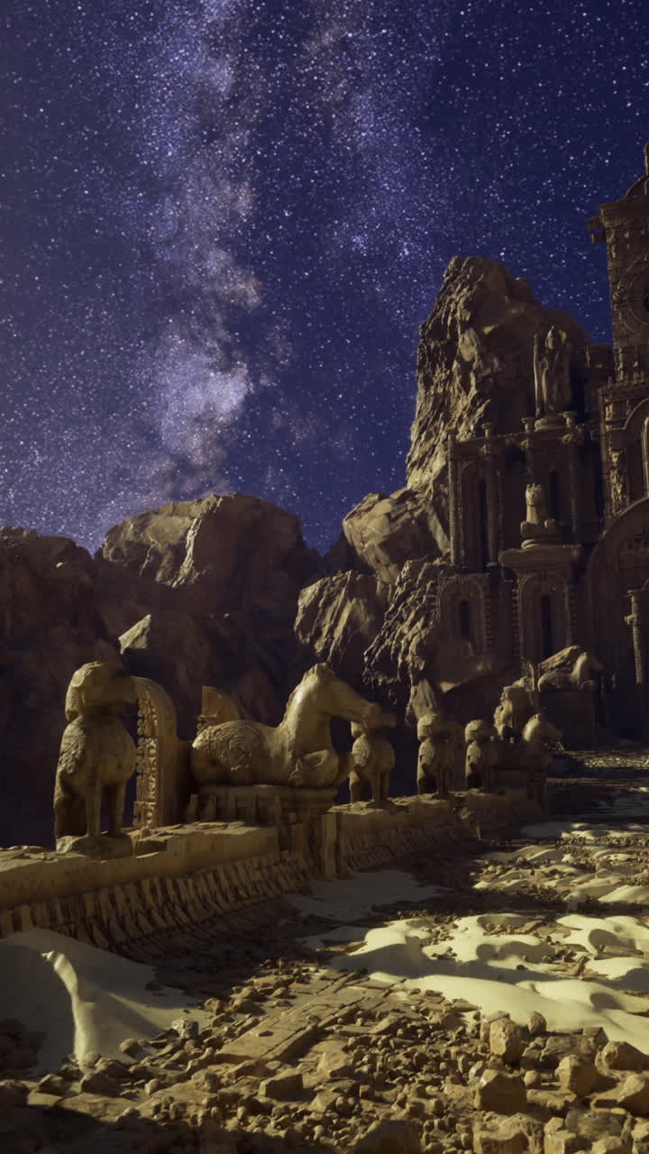 Majestic ancient architecture under a starry sky in a remote location