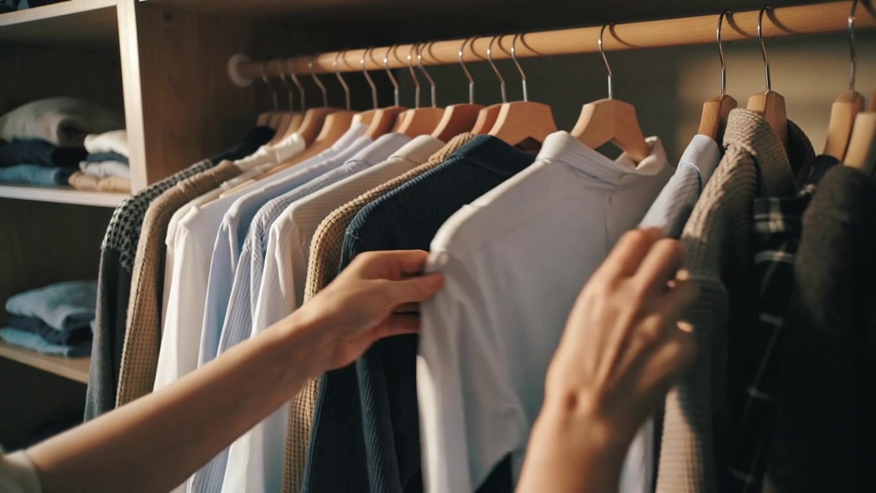 Mani che entrano da sinistra, toccando camicie su appendini di legno, confrontando capi in maglia nell'armadio per scegliere un vestito.