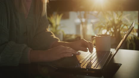 hands typing text on a laptop keyboard, a cup of hot tea stands nearby