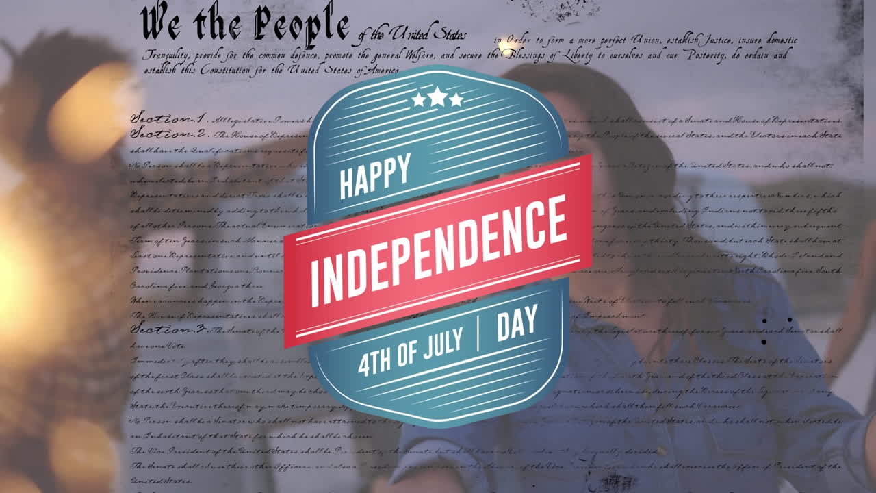 amigos bailando con fuegos artificiales y con la fecha de la independencia y la constitución de estados unidos en primer plano