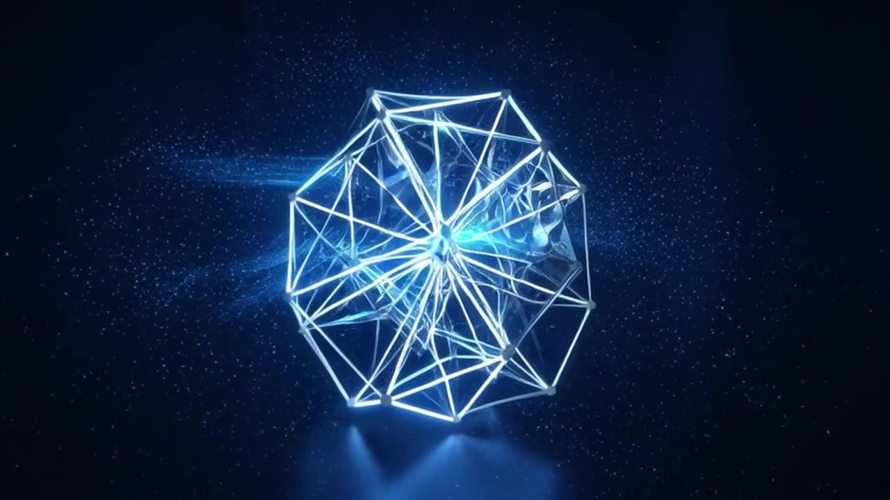 Sfera geometrica a wireframe luminosa che ruota nello spazio oscuro