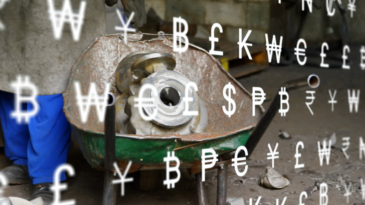 장비를 가진 노동자의 중간 부분에 여러 통화 기호의 애니메이션