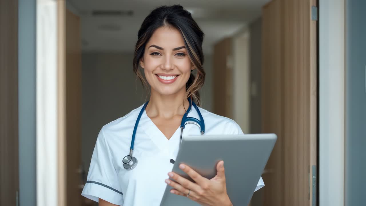 Holding tablet clinician reviewing records for care in hospital hallway in scrubs with stethoscope