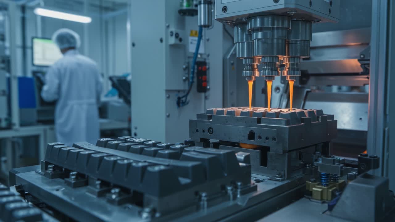 Advanced Manufacturing Process in a High-Tech Industrial Facility Showcasing Precision Machining with Molten Metal Pouring into Molds