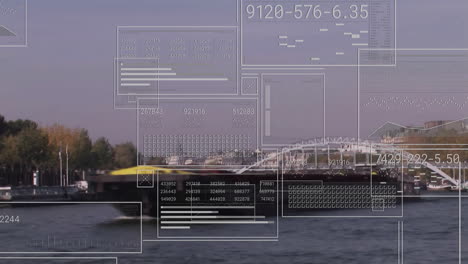 data processing animation over river scene with bridge and moving boat
