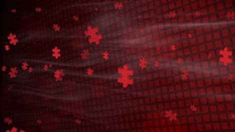 Animation-of-red-puzzles-floating-over-black-background