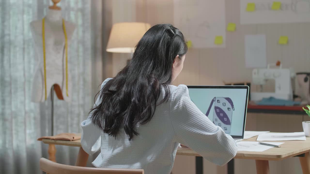 vista trasera de una mujer diseñadora de bolsos con diseño de enlace y tela uso portátil para diseñar bolsas en la oficina