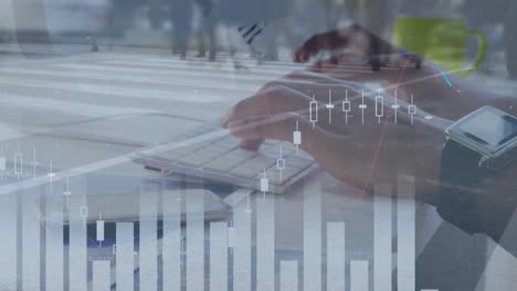 typing on keyboard, hands with financial data animation overlay in office