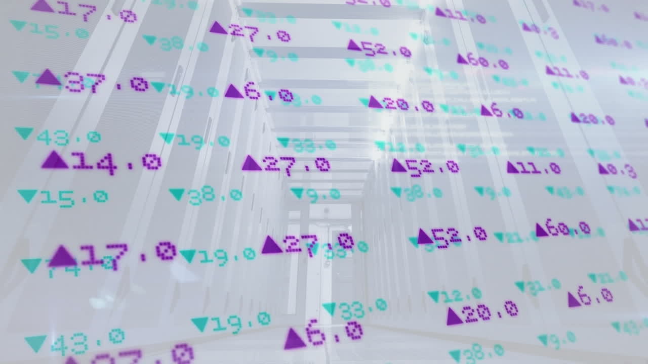 Financial data and stock market animation over modern office building interior