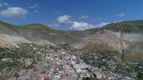 aerial panning up shot of real de catorce, san luis potosi mexico