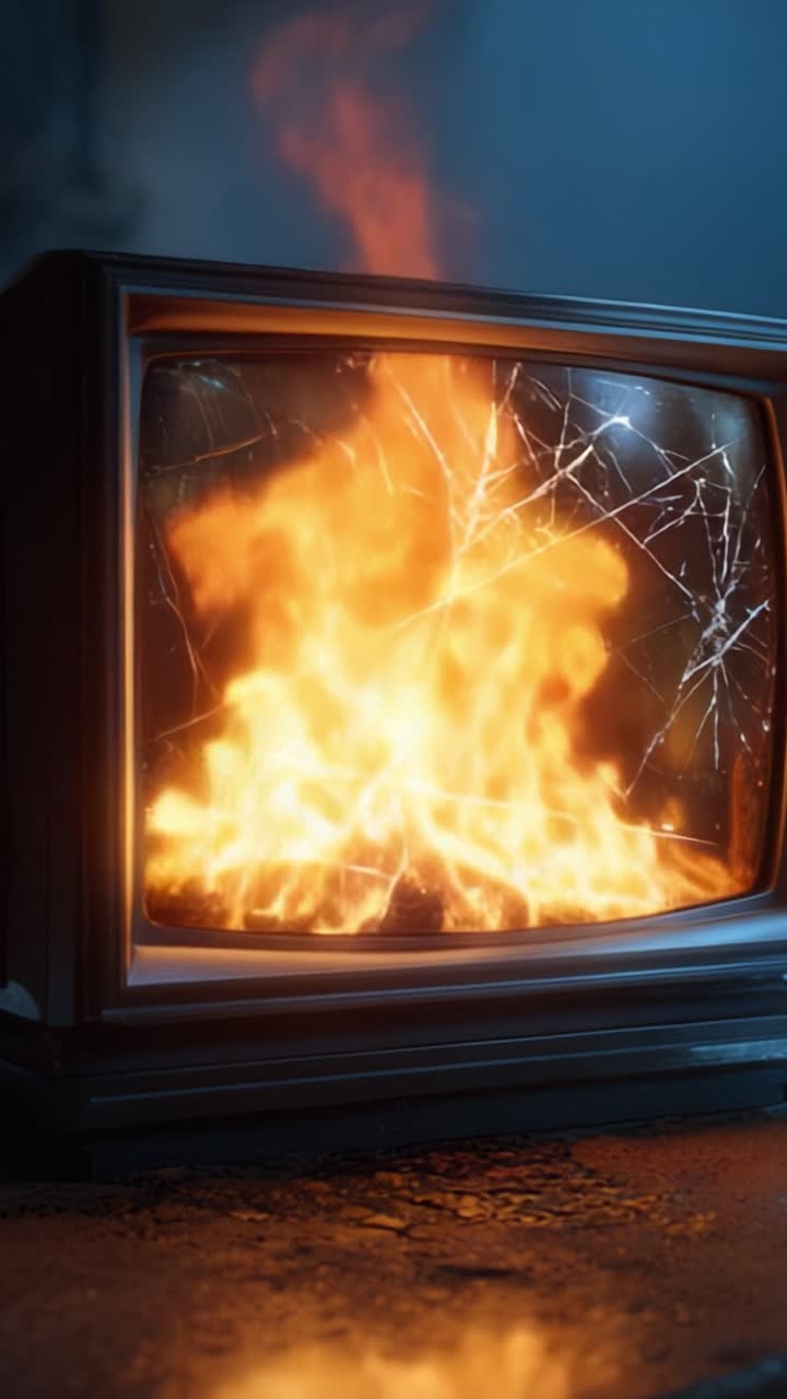 Una scena drammatica di un televisore vintage in fiamme: schermo incrinato con fiamme che danzano all'interno, a simboleggiare distruzione e caos nella tecnologia retrò