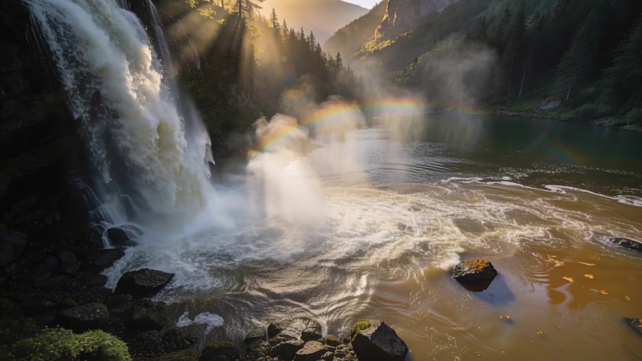Cascata che si riversa dalla scogliera a sinistra colpendo una pozza, creando un arcobaleno di nebbia e vortici, con spazio per il testo
