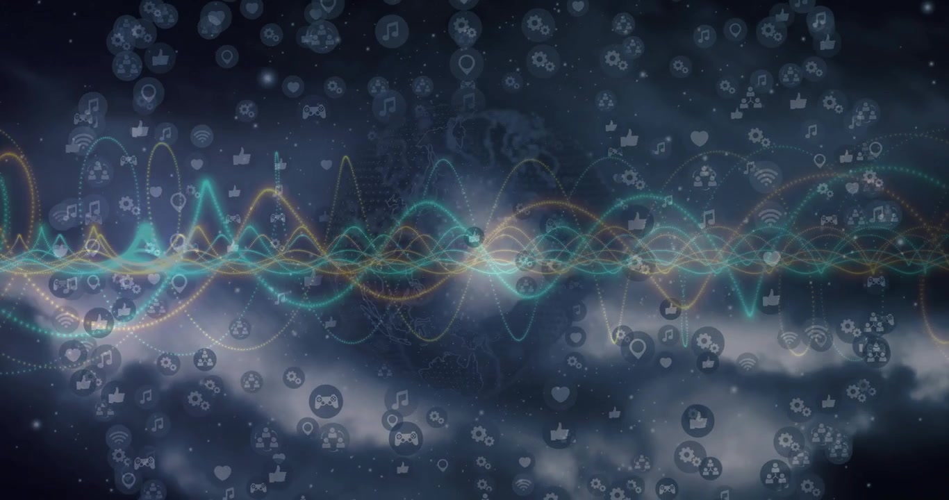 Once glowing waveform pulsing in clouds, social icons clustering and swirling to show engagement