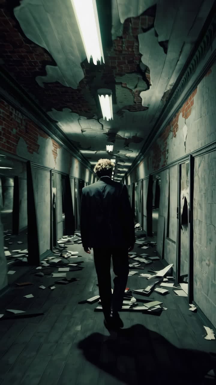 Man in a Suit Walks Through a Decaying, Papers-Strewn Corridor