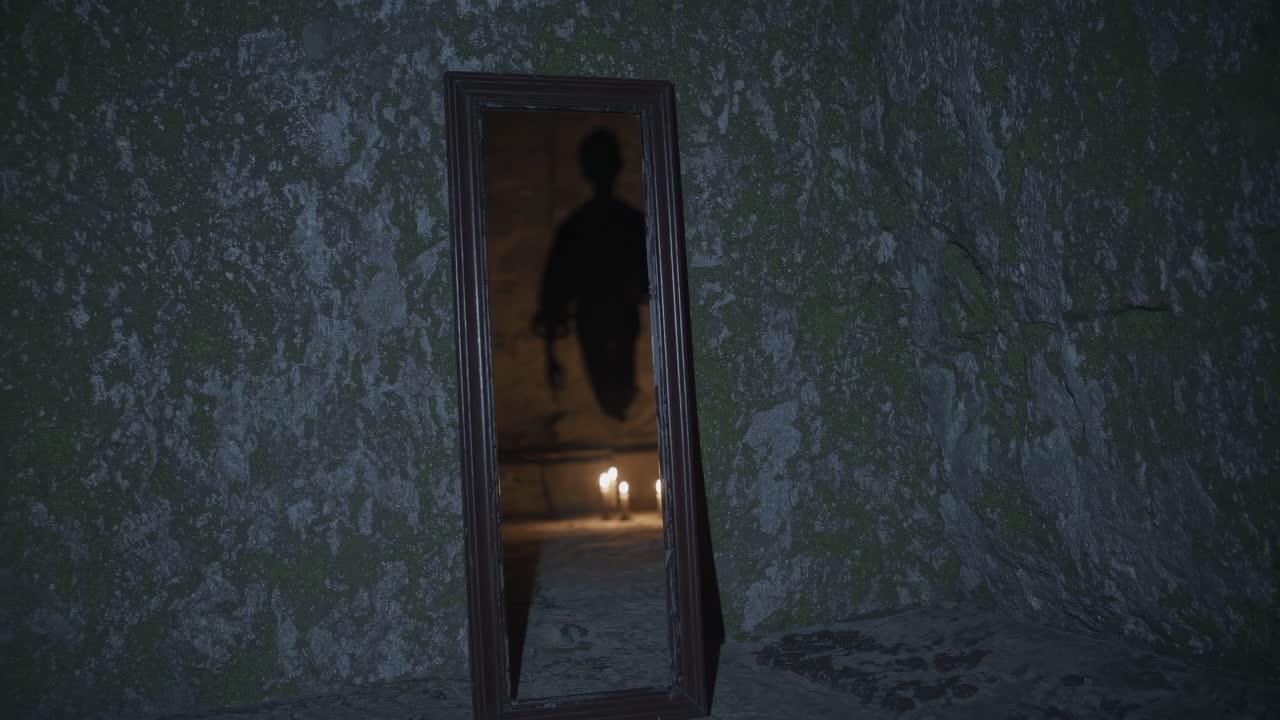Mysterious figure reflected in an antique mirror, illuminated by flickering candlelight, creating an eerie atmosphere in a dimly lit stone chamber with textured walls