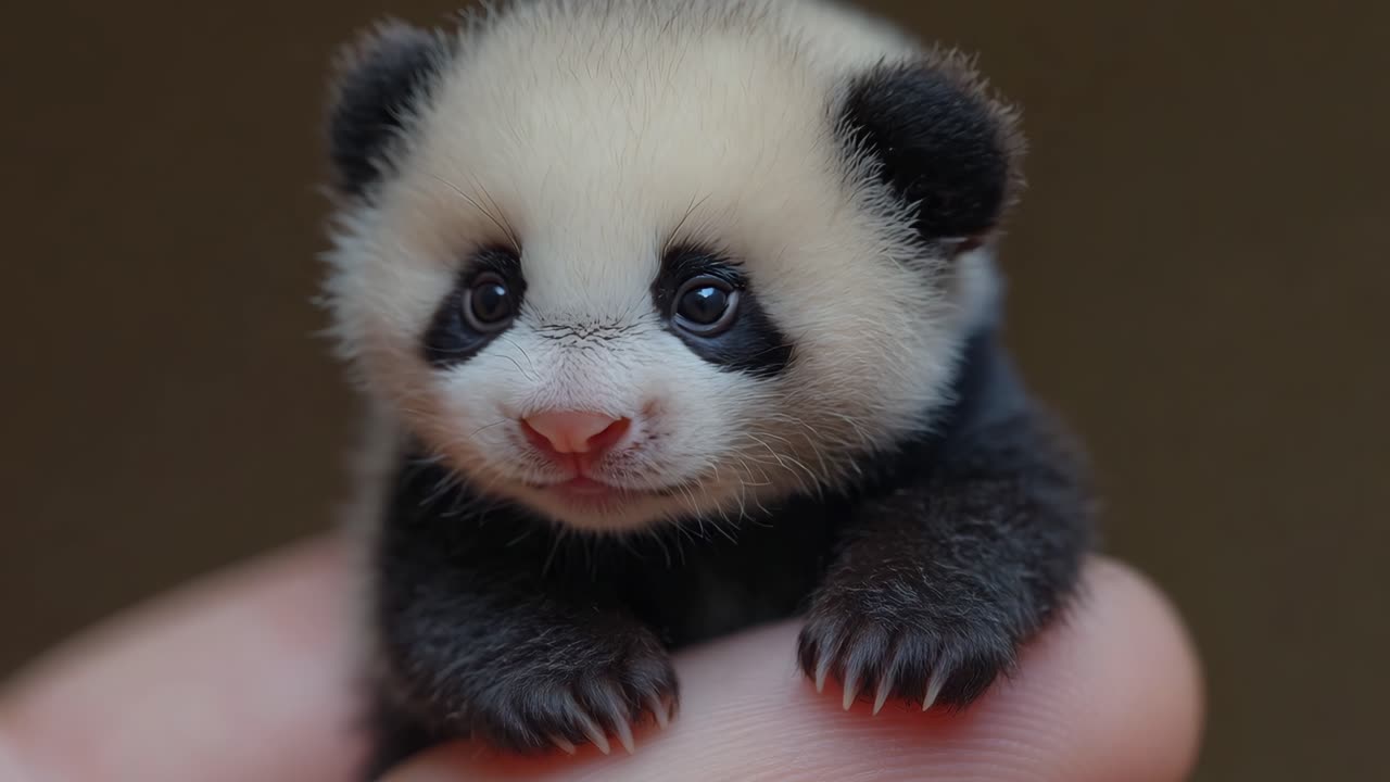 A baby panda is sitting on a person's hand. The baby is adorable and cute. The person holding the baby is likely a parent or caregiver