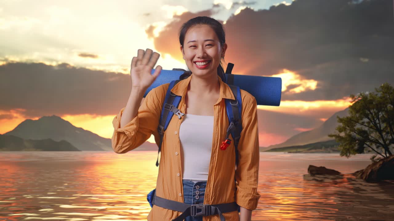 excursionista asiática con mochila de montañismo agitando la mano y diciendo adiós mientras está de pie en un lago durante la hora del atardecer