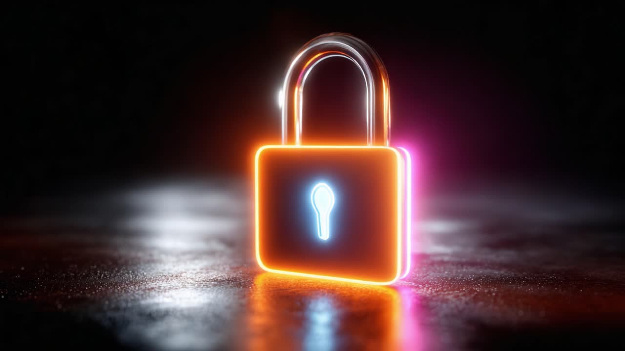 A Vibrant Neon-Lit Digital Lock Symbolizing Security and Protection in a Mysterious Dark Environment with Glimmering Surface Reflections