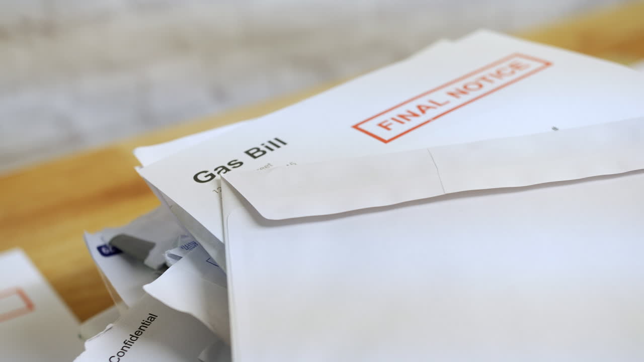 primer plano de un montón de facturas y cartas con el aviso final de la factura de agas