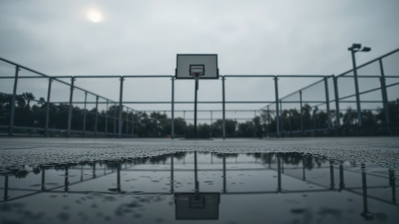 Filming low camera capturing basketball hoop reflection in puddle on fenced court, sun peeking